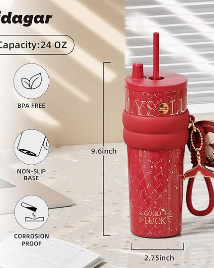 24 oz Tumbler with Lid and Straw, Insulated Coffee Mug Leak Proof, Portable Iced Travel Water Bottle, Reusable Thermal Coffee Cup, Gifts for Women, Scarlet Red