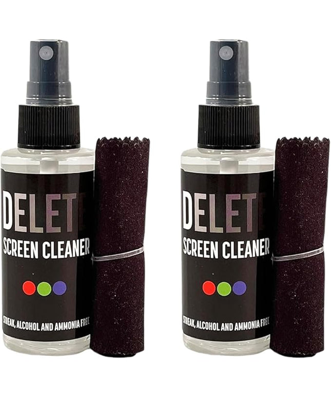 Delete Screen Cleaner Spray Kit, 2 Pack, 2oz Bottle and 2x 6"x6" Microfiber Cleaning Cloth, Streak-Free, Safe and Gentle Formula, Multi-Purpose for Travel, Small TVs, Cameras, Laptops, Phones
