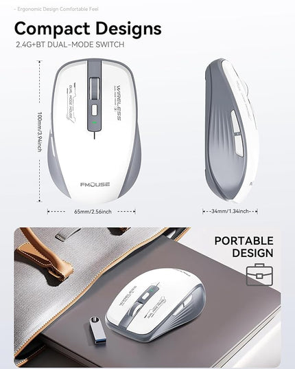 Wireless Mouse (Bluetooth & 2.4GHz USB) with Forward/Backward Side Keys, Silent Click, Ergonomic Portable AA Battery Mice for Laptop/Mac/iPad - Office & Travel Use, White & Grey