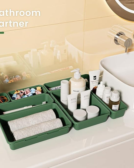 A-LuGei 【𝟮𝟴𝗣𝗖𝗦】 【𝟱𝗦𝗶𝘇𝗲】 ArmyGreen Drawer Organizer, Makeup organizer, 【Holds 177 Items】 Bathroom Organizers and Storage, Plastic Desk Organizer Divider, Organizer Bins for Office Vanity