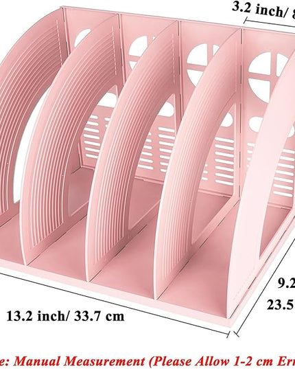 SAYEEC Sturdy Magazine Holder 4 Compartments Plastic Desktop File Organizer File Dividers Office Organizer Storage Document Magaizne Rack Display Box (Pink)