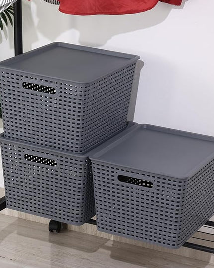 6 Pack Plastic Storage Bins with Lids, Stackable Storage Baskets with Handles, Large Organizer Bins for Desk, Shelves, Office, Plastic Container Bins for Pantry Organizers and Storage, Grey