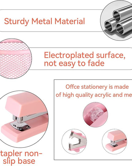 Pink Desk Accessories, Pink Office Supplies Set with Stapler, Tape Dispenser, Staple Remover, Pen Holder, Scissor, Binder/Paper Clips, Ballpoint Pen, Clear Tape and 1000pcs Staples