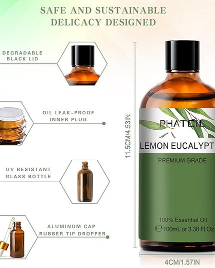 Lemon Eucalyptus 3.38fl.oz Essential Oil, PHATOIL Aromatherapy Essential Oils for Diffuser, Humidifier, Perfect for DIY Soap, Candle, Bath Bombs Making(100ml)