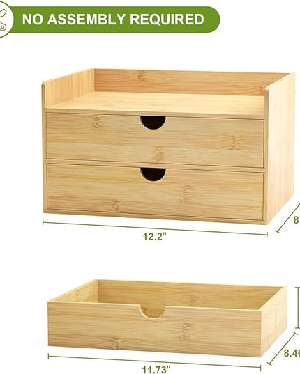 Bamboo Desk Organizer with Drawers Desktop Storage Drawers for Bills Office Supplies Kitchen Utensils Organizing Tool for Home Classroom Organization No Assembly (Nature 2 Drawer)