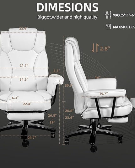 Reclining Office Chair with Footrest, Big and Tall Home Office Desk Chairs 400lbs with High Back, Criss Cross Wide Seat, Heavy Duty Base, Pu Leather, White