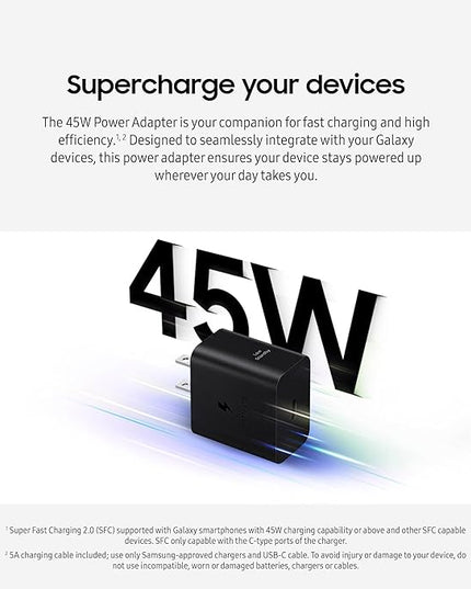 SAMSUNG 45W Wall Charger Power Adapter with Cable Included, Super Fast Charging for Galaxy Phones, Tablets and USB Type C Devices, Low Standby Power Consumption, EP-T4511XBEGUS, Black