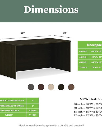 HON MOD Executive Desk 60-Inch Large Computer Desk Shell, Thick Wooden Laminate, Modern Table with Cord Management, 60" W x 30" D x 29" H, Java Oak
