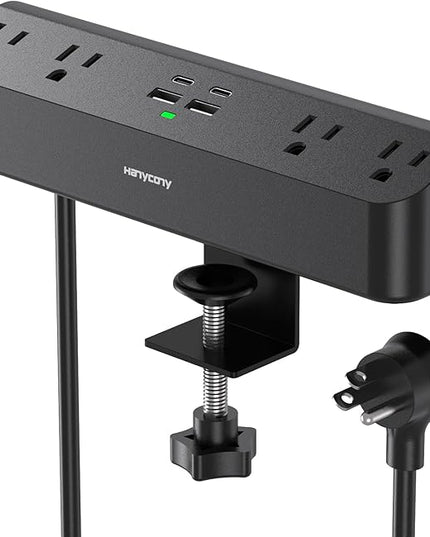 Desk Clamp Power Strip with PD30W USB-C, HANYCONY 5Ft Extension Cord, Desk Edge Mount Charging Station, Surge Protector with 4 Outlets 4 USB Ports(2 USB C), Home Office Gaming Accessories Essentials