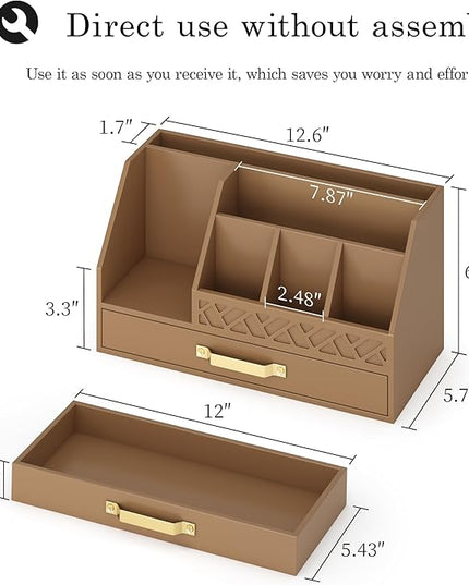 Wisuce Essentials Bamboo Desk Organizer with Drawers, Mail Organizer Countertop Wood Desk Drawer Tabletop Storage Organization Pen Holder Letter Sorter Makeup Organizer for School Home Office (Brown)