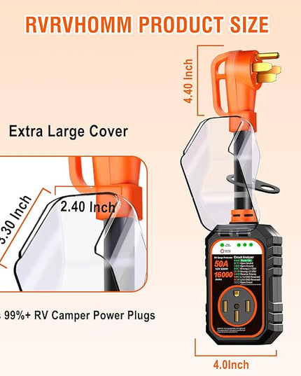 RV Surge Protector 50 Amp Flag Design - Upgraded 16000J Power Surges Voltage Protection Circuit Analyzer IP68 Waterproof Cover for 50A RVS Camper Trailer Must Haves (50Amp, Orange)