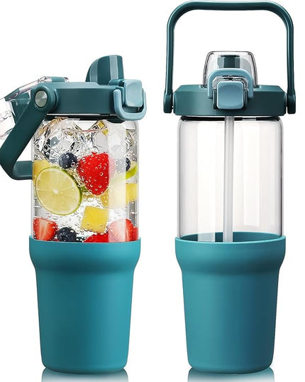Glass Tumbler with Carry Handle, Clear Glass Water Bottle with Leakproof Lid, Spout Lid&Straw, BPA-Free, 32 oz, Peacock Blue