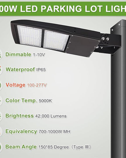 300W LED Parking Lot Area Lights, Dimmable LED Shoebox Lights, 20KV Surge Protector Built-in, LED Street Lights with Yoke/Wall Mount, 40,500LM DLC UL 5000K 100-277VAC