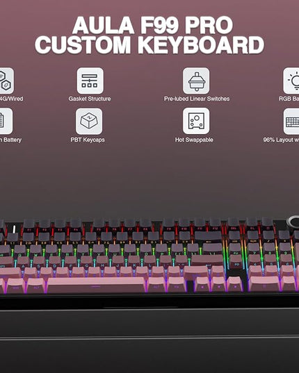 AULA F99 Pro Wireless Mechanical Keyboard with Knob,Tri-Mode BT5.0/USB-C/2.4GHz Hot Swappable Keyboard,Gasket Structure,Creamy Sound,RGB Backlit Computer Gaming Keyboards