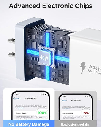 2 Pack USB C Wall Charger, 40W 4-Port USB C Fast Charger Block Dual Port QC+PD 3.0 Power Adapter, Multiport Type C Brick Charger with Lightning Cable for iPhone 14 13 12 11 Pro Max XS XR X 8 7 6 Plus