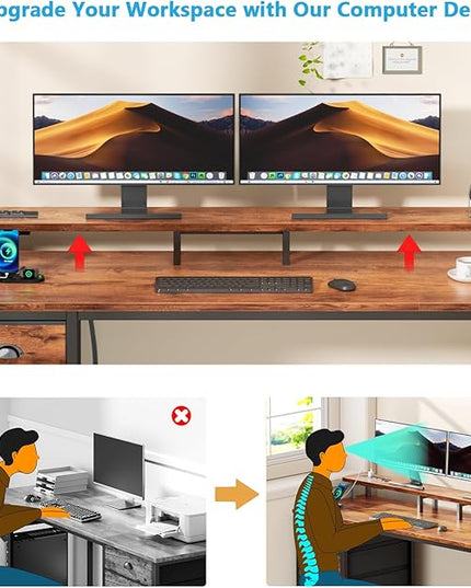 Furologee 55 Inch Computer Desk Gaming with 4 Fabric Drawers with Power Outlets and LED Lights for Home Office with Full Monitor Stand and Shelf Study Table for Small Spaces Rustic Brown