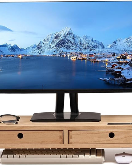 KIRIGEN Wood Monitor Stand with 2 Drawers - Computer Arm Riser Desk Storage Organizer,Speaker TV Laptop Printer Stand with Pen Slot and Cable Management,2-Tier Desktop Shelf NA-2PMJ