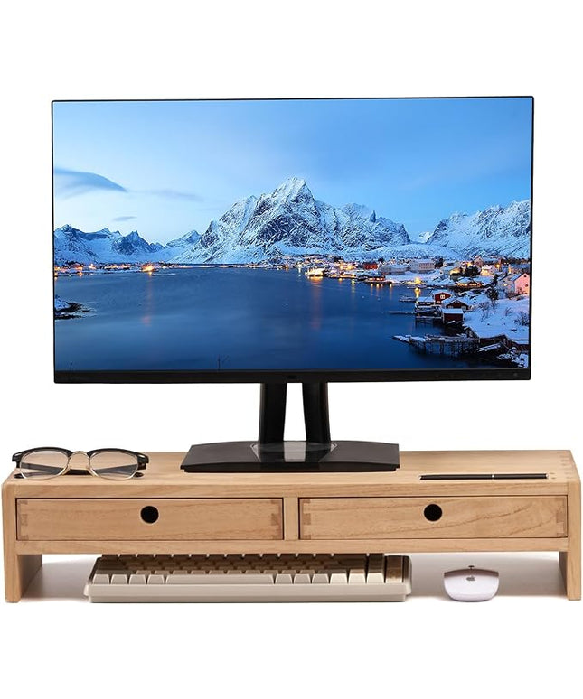 KIRIGEN Wood Monitor Stand with 2 Drawers - Computer Arm Riser Desk Storage Organizer,Speaker TV Laptop Printer Stand with Pen Slot and Cable Management,2-Tier Desktop Shelf NA-2PMJ