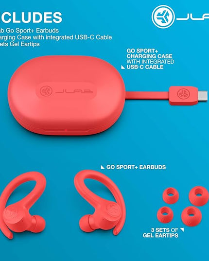 JLab Go Sport+ Wireless Workout Earbuds Featuring C3 Clear Calling, Secure Earhook Sport Design, 35+ Hour Bluetooth Playtime, and 3 EQ Sound Settings (Coral)
