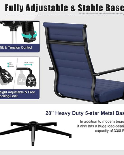 Okeysen Blue Leather Office Desk Chair, Conference Room Chairs Executive Chair Ribbed, Ergonomic Height Adjustable Swivel Rolling Chair for Home Office.
