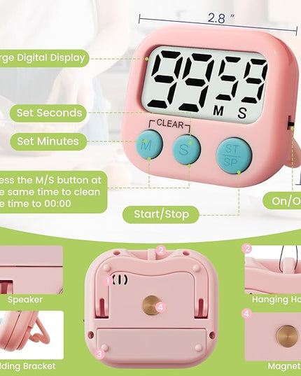 2 Pcs Digital Timer for Kids, Magnetic Countdown Kitchen Timer, Upgrade Loud Alarm Timers for Cooking, Kitchen, Exercise, Work, Study, Classroom, Outdoor Activities, Battery not Including