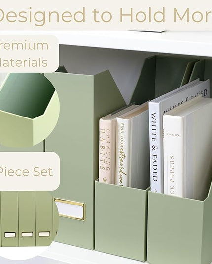 BLU MONACO | Set of 6 Foldable Magazine File Holders in Earth Green | Heavy-Duty Vertical File Organizers with Label Holders | Desk Organizer Set for Paperwork, Documents & Office Storage