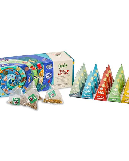 Lazika Tea Variety Pack with Lovely Presentation Box, Black, Green and Herbal Tea Sampler Gift Set, 20 Counts, Premium Collection with Pyramid Infuser Bag, Handcrafted