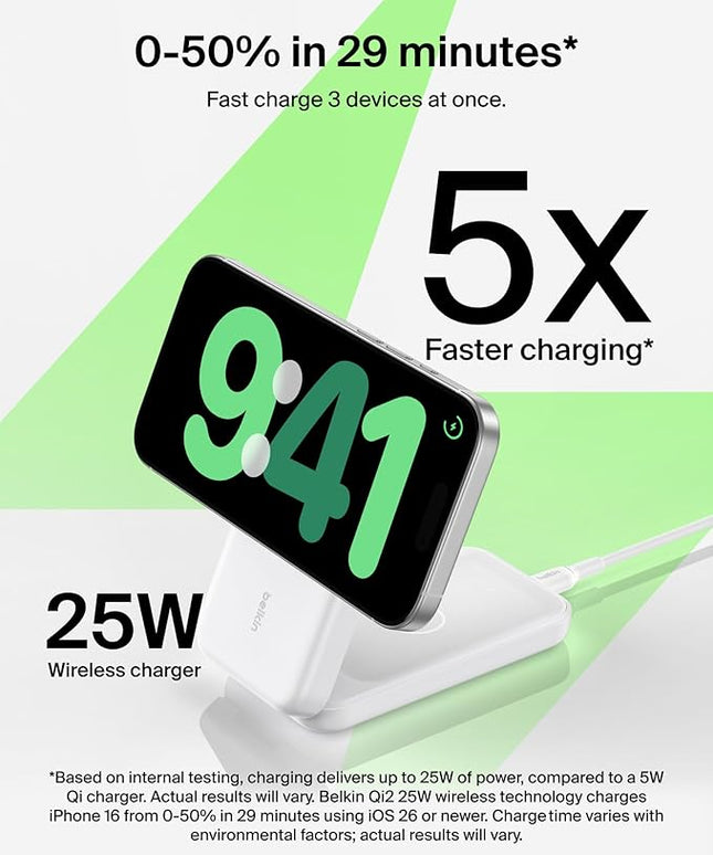 Belkin MagSafe Charger Compatible, 3-in-1 Charging Station, Qi2.2 25W Magnetic Wireless Charger Dock, Foldable Charging Stand for iPhone 17/16/15, Apple Watch, AirPods, Pixel 10 (45W Adapter Included)