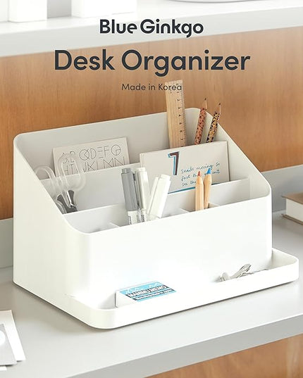 BLUE GINKGO Desk Organizer – Korean-Made Office Storage for Pens, Notes, Mail, and Supplies (White)