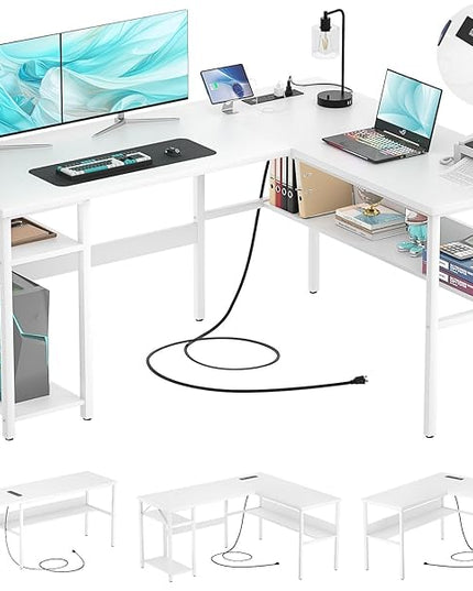 Reversible L Shaped Gaming Desk with Power Outlets and USB Charging Ports, Sturdy Computer Desks with Storage Shelf, Modern Corner Desk Home Office Table, Easy to Assemble, White