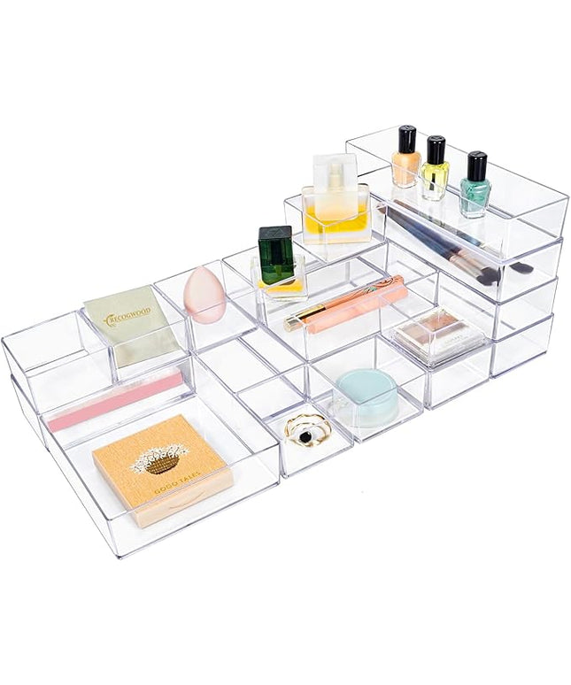 Stackable Acrylic Drawer Organizer Set, 18 PCS Multi-Size Storage Bins for Makeup, Office Desk, Bathroom, Vanity and Kitchen Utensils