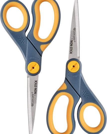 Westcott 8" Straight Titanium Bonded Non-Stick Scissors with Adjustable Glide Feature 2 Pack (16550), Grey/Yellow