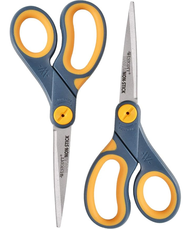 Westcott 8" Straight Titanium Bonded Non-Stick Scissors with Adjustable Glide Feature 2 Pack (16550), Grey/Yellow