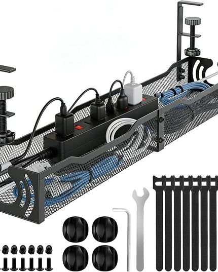 Cable Management, 25.3'' Under Desk Cable Management Tray No Drill, Metal Cable Organizer with Clamp for Wire Management, Cord Organizer for Home Office, Desk Accessories Organizer, Black