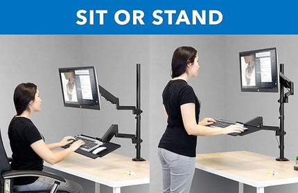MOUNT-IT! Sit Stand Monitor Desk Mount [Fits 32" Screens] Height Adjustable, Full-Motion Articulating Arm with Keyboard Tray and Cable Management (Black)