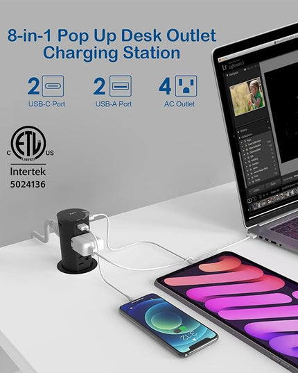 Jgstkcity Pop Up Power Outlet for Countertops & Desks,2.5-Inch Hole Flush, Mount, 20W USB-C, 4 USB Ports, 4 Tamper-Resistant 15A Outlets - Space-Saving Recessed Design,1875W,ETL Listed