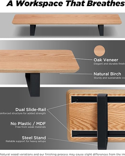 Moodular Wooden Monitor Stand 33.4” (85cm) Desk Organizer with Metal Slide Rails for Drawer, Tray, Laptop, Tablet, Phone & Headphones Customizable Riser for Organized Workspace Oak MS85-O