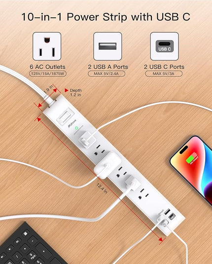 2 Pack Power Strip, 12FT Long Extension Cord, Surge Protector with 6 Outlets and 4 USB Charging Ports(2 USB C), Flat Plug Overload Protection, Wall Mount for Home Office Dorm College