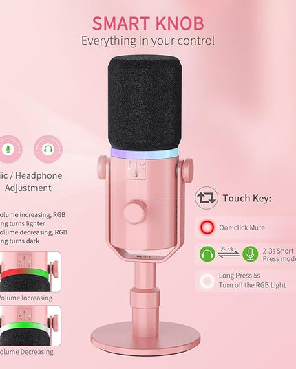 FEELWORLD PM1 XLR USB Dynamic Microphone with Desktop Stand Gifts for Podcast Recording PC Computer Gaming Streaming Vocal Voice-Over, Studio Metal Mic, RGB Light, Mute Button, Headphones Jack (Pink)