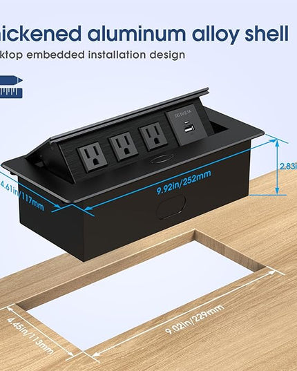 KYHSHJ Connection Box Desktop Pop Up Outlet with 3 * 15A Receptacle，2.1A 1 USB-A Ports &1 USB-C Port，Corrosive Resistant Hardware,Black