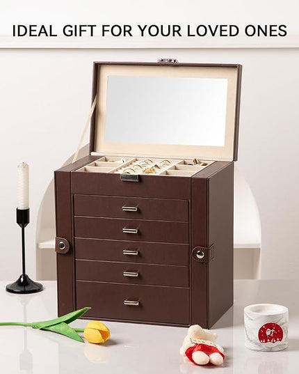 Frebeauty Large Jewelry Box,6-Tier PU Leather Jewelry Organizer,Multi-functional Storage Case with Mirror,Accessories Holder with 5 Drawers for Necklace Bracelets Watches(Dark Brown)