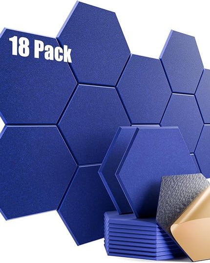 18 Pack Self-adhesive Acoustic Panels 12" X 10" X 0.4" -Sound Proof Foam Panels for wall with High Density, Hexagon Design, Flame Resistant, Absorb Noise and Eliminate Echoes(Telecom Blue)