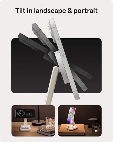 Mophie 2-in-1 Wireless Charging Stand - Qi2-Certified, MagSafe Charger for iPhone & AirPods – Fast Charging Station with Adjustable Phone Stand & Cable Management – Up to 15W Power