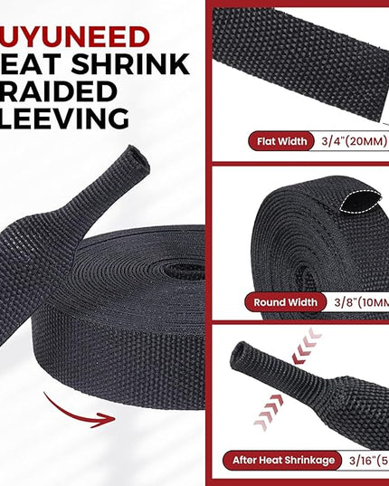 Heat Shrink Wire Loom 2:1 Shrinkable Braided Cable Sleeve 3/8 Inch ID-46ft Abrasion Protection Flexibility Fabric Wiring Harness Cover Sheath