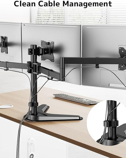 Triple Monitor Stand, Heavy Fully Adjustable Motion Mount Fits 3 Screens up to 27 inche, Free Standing Desk Stand with Base and Cable Management, 22 lbs Weight Capacity per Arm, Black