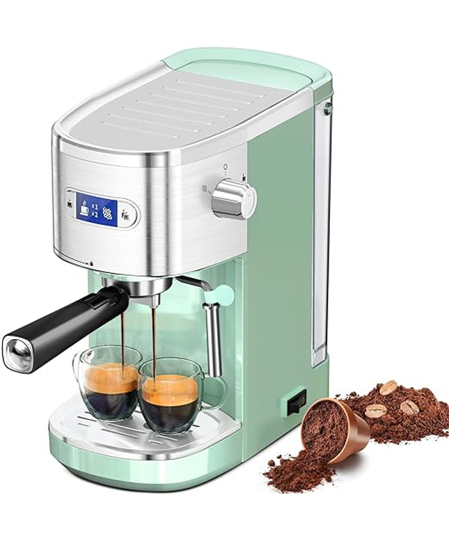 Espresso Machine 20 Bar, Professional Stainless Steel Coffee Maker with LCD Display, Steam Wand, 45oz Removable Water Tank, for Espresso, Cappuccino, Latte at Home or Office, Green