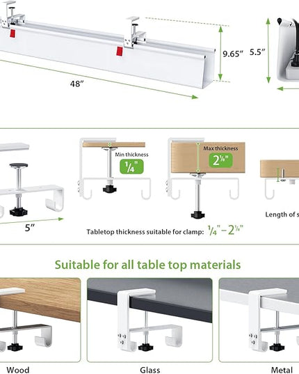 KEEGH Extra Large 48" Under Desk Cable Management Tray - Under Desk Cord Management - Clamp/Screw Mount - Support Upto 70lbs - Fabric Wire Management - Cable Raceways Cord Hider for Office/Home, White