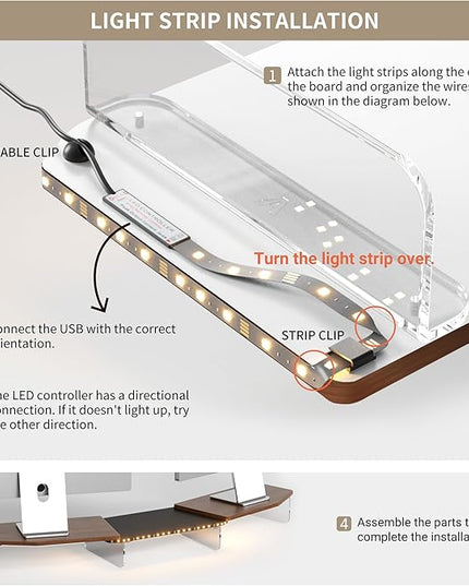 LED Dual Monitor Stand Riser for 2 Monitors,Office Desktop Wooden Stand Adjustable Length and Angle 3 Shelf,Extra Long Multifunctional Stand up to 44.4" for Computer,Laptop,TV,Walnut Finish