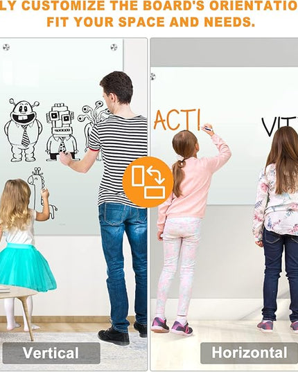 H-Qprobd Dry Erase White Board for Wall 72"x40" Magnetic Glass Frameless Whiteboard Mount for Home School Supplies or Home Office Decor, Includes 8 Magnets, 8 Markers and 2 Erasers