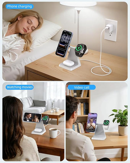 Charging Station for Multiple Devices Apple: 3 in 1 Magnetic Wireless Charger Stand for MagSafe-Compatible Nightstand Charging Dock for iPhone 17 16 15 14 13 12 Pro Max Plus Apple Watch Airpods